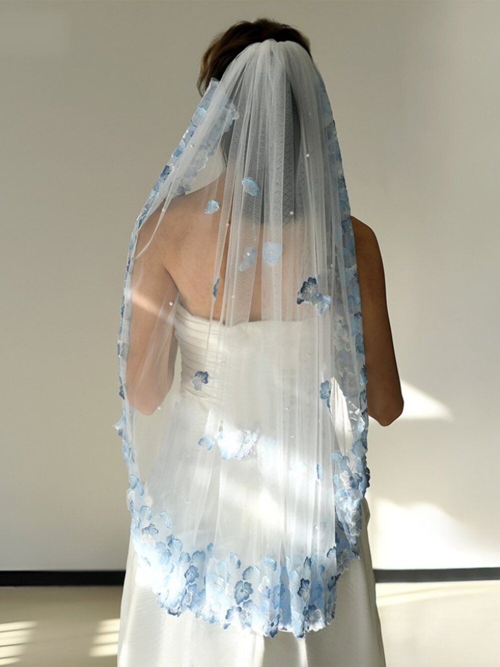 Embroidered Blue Flower Lace Edged Bridal Veil with Comb
